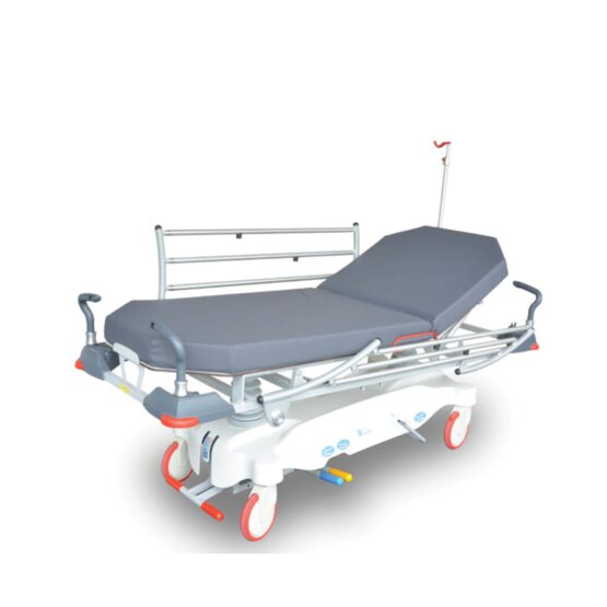 Stretcher trolley with height adjustment on hydraulic columns