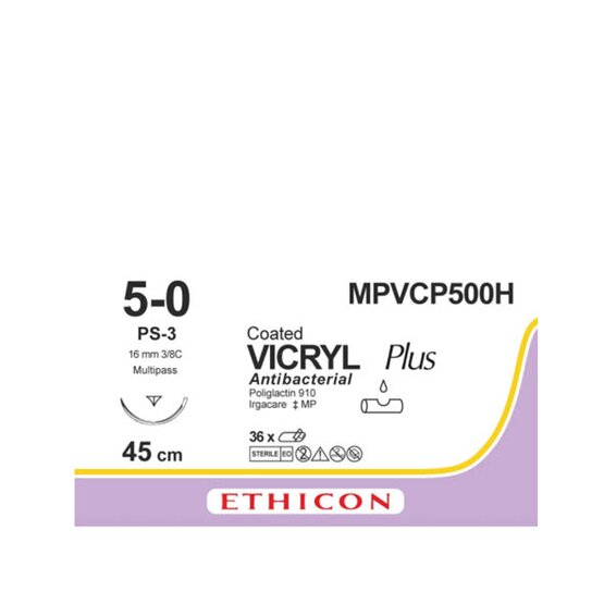 Vicryl PLUS  5/0, incolore , 16mm aiguille (PS-3),  45cm (l) fil / 36 pièces- MPVCP500H