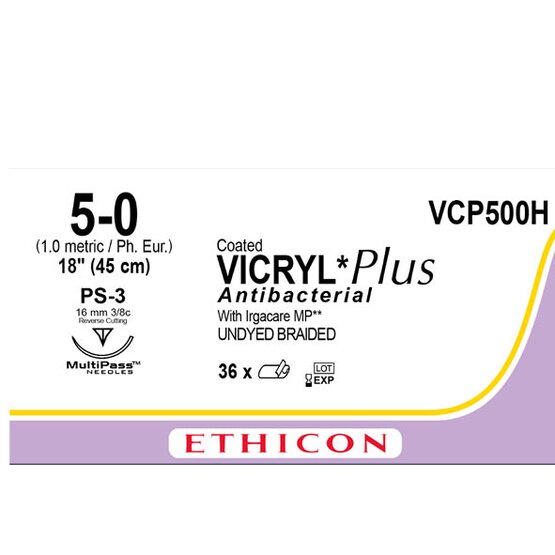 Vicryl Plus  5/0, INCOLORE, 16mm aiguille (PS-3),  45cm (l) fil / 36 pièces- VCP500H