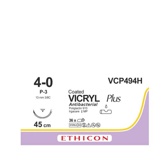 Vicryl Plus  4/0, incolore, 13mm aiguille (P-3),  45cm (l) fil / 36 pièces- VCP494H