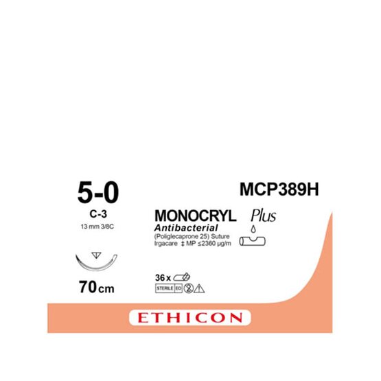 Monocryl Plus 5/0, incolore ,13mm aiguille (C-3),  70cm (l) fil / 36 pièces (avant C389)- MCP389H