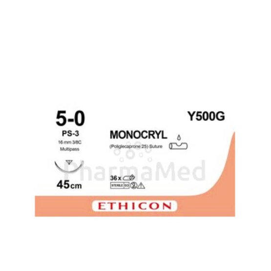 Monocryl 5/0, ongekleurd,  16mm naald (PS-3), 45cm (l) draad  / 12 stuks ( vroeger W3204 )- Y500G