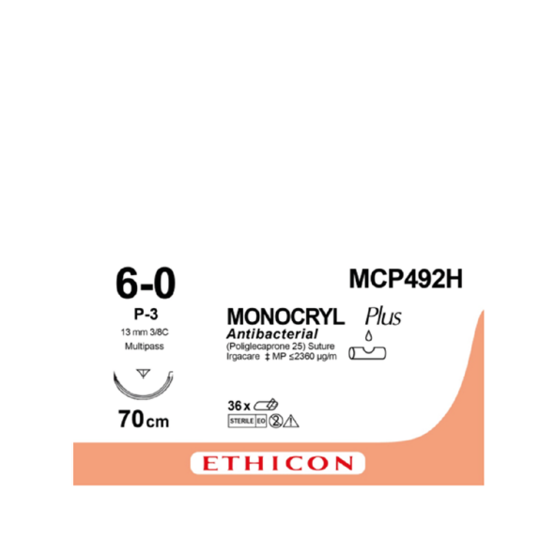 Monocryl Plus 6/0, incolore ,13mm aiguille (P-3),  70cm (l) fil- MCP492H