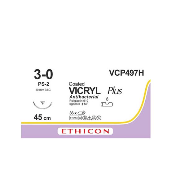 Vicryl 3/0, ongekleurd,  19mm naald (PS-2),  45cm  (l) draad / 36 stuks ( vroeger J497H )- VCP497H