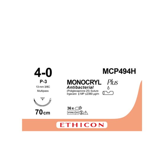 Monocryl Plus 4/0, ongekleurd,  13mm naald (P-3), 70cm (l) draad  / 36 stuks (vroeger Y494H)- MCP494H