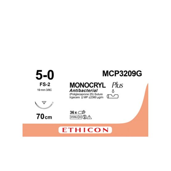 Monocryl 5/0, ongekleurd,  19mm naald (FS-2), 70cm (l) draad  / 12 stuks ( vroeger W3209 )- MCP3209G