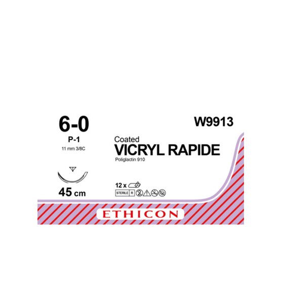 Vicryl rapide 6/0, ongekleurd, 11mm naald (P-1), 45cm (l) draad / 12 stuks - W9913 Vicryl rapide 6/0, ongekleurd, 11mm naald (P-1), 45cm (l) draad / 12 stuks- W9913