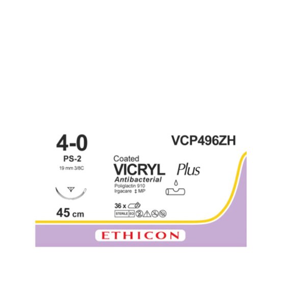 Vicryl Plus 4/0, incolore, 19mm aiguille (PS-2), 45cm (l) fil / 36 pièces- VCP496ZH